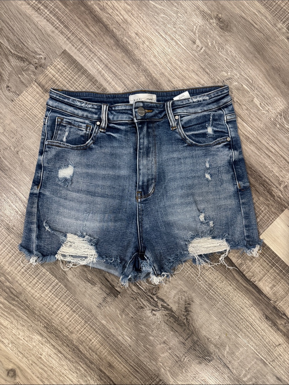 High-Rise Distressed Blue Denim Shorts